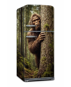 big foot peeking wrapped refrigerator